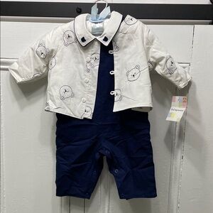 Adorable White Navy Baby Outfit Embroidered Teddy Bear Overalls Jacket Shirt 0-3
